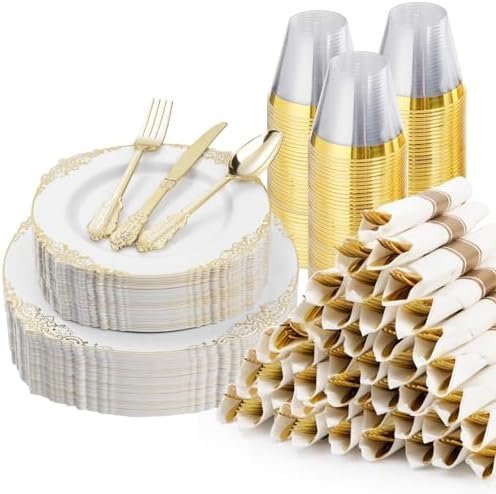 350PCS Gold Plastic Plates for 50 Guests